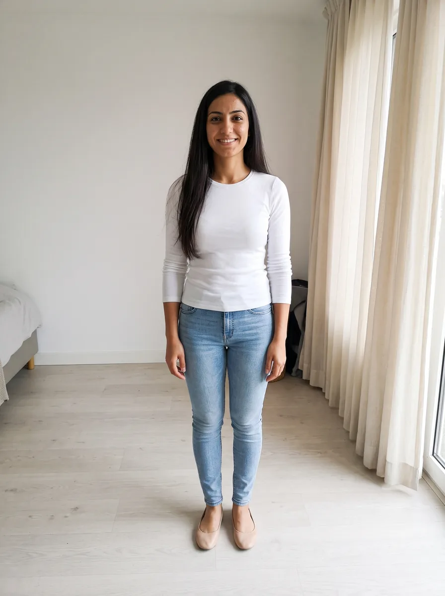 A woman with long dark hair in a white long-sleeve top, light jeans and nude flats, standing in a bright bedroom