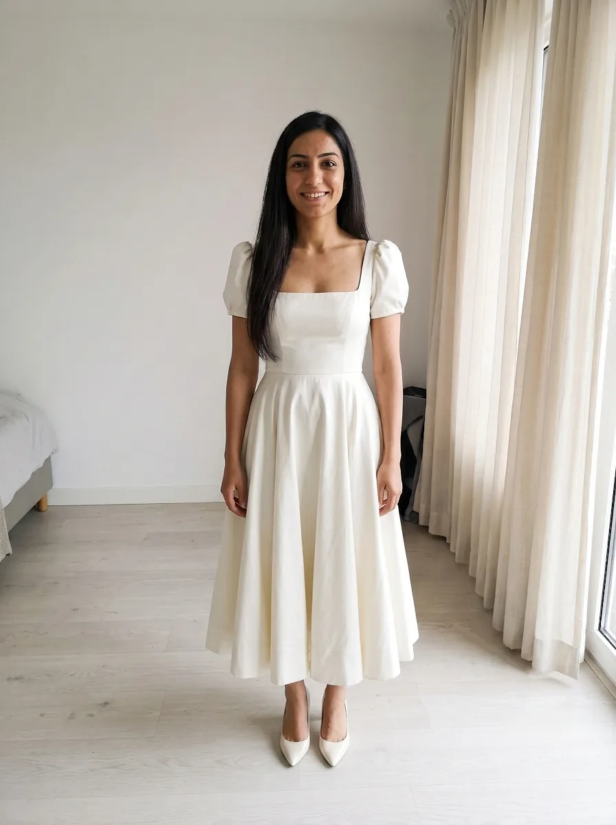 The same woman wearing an ivory tea-length dress with short puff sleeves, a square neckline and ivory heels