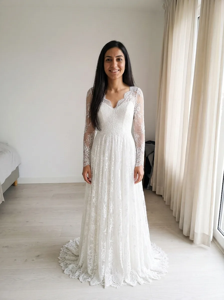 The same bedroom photo, now wearing the ivory lace A-line gown with long sheer sleeves and a train