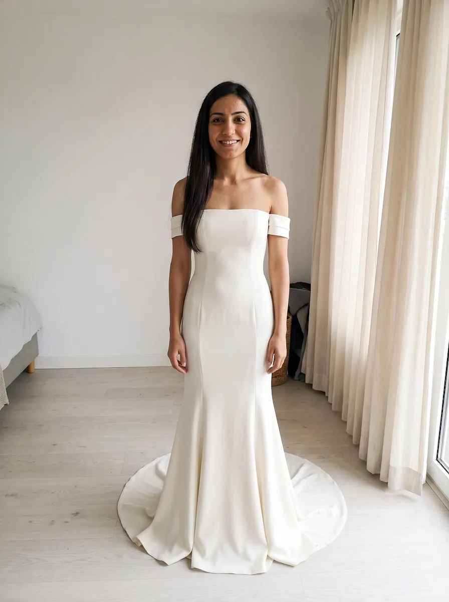 The same woman wearing an off-the-shoulder ivory crepe mermaid gown that flares below the knee into a train