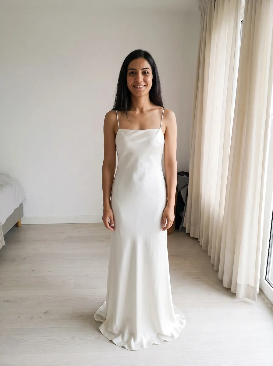 The same woman wearing an ivory satin column gown with thin straps that falls straight to the floor