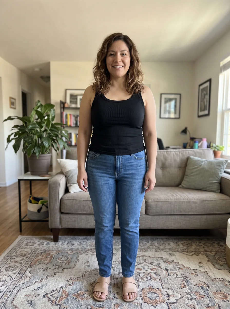 A woman with wavy brown hair in a black tank top and jeans, standing in a sunny living room