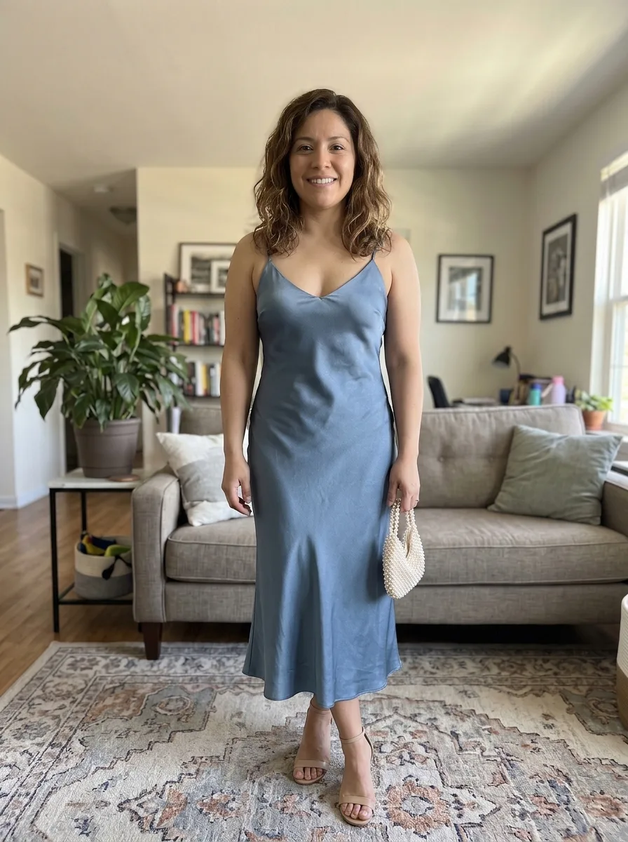 The same living room photo, now wearing the dusty blue satin slip dress and holding a pearl-beaded bag