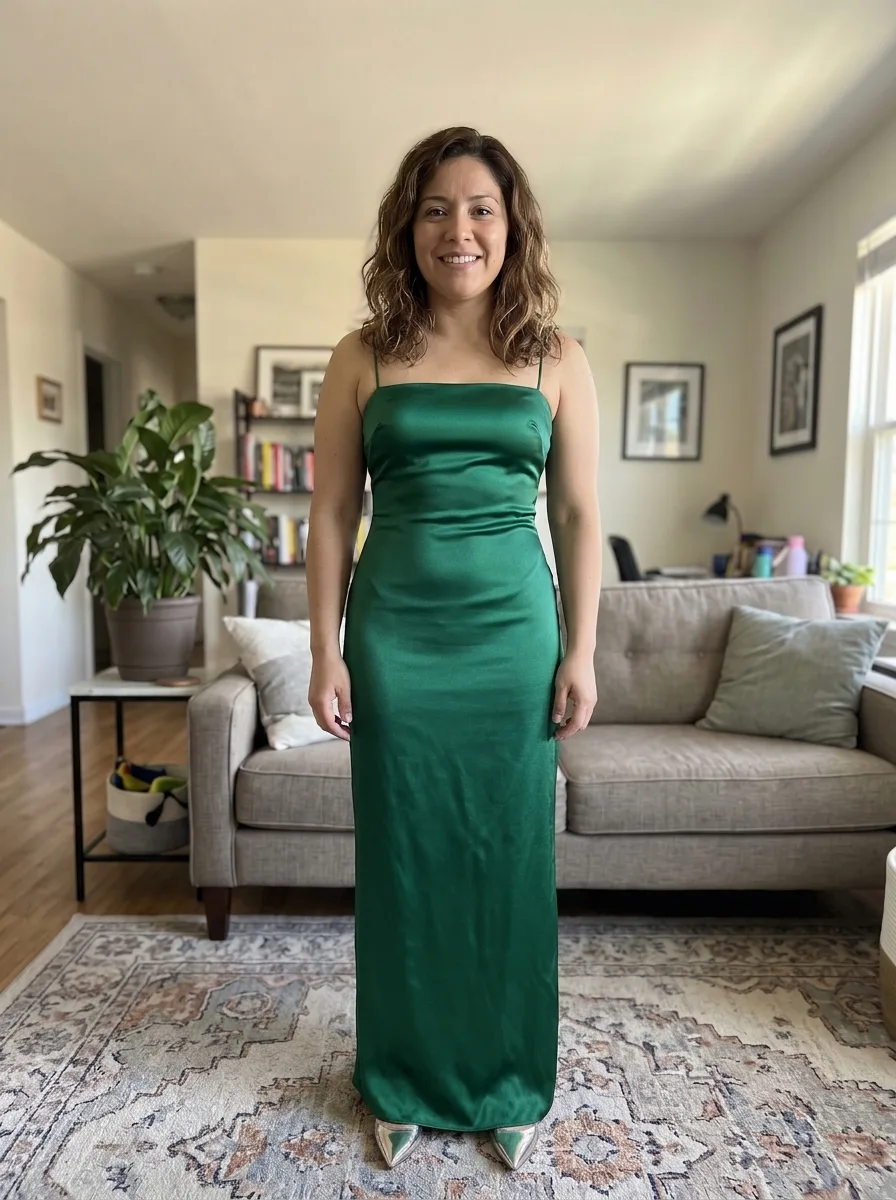 The same woman wearing a floor-length emerald green satin gown with thin straps