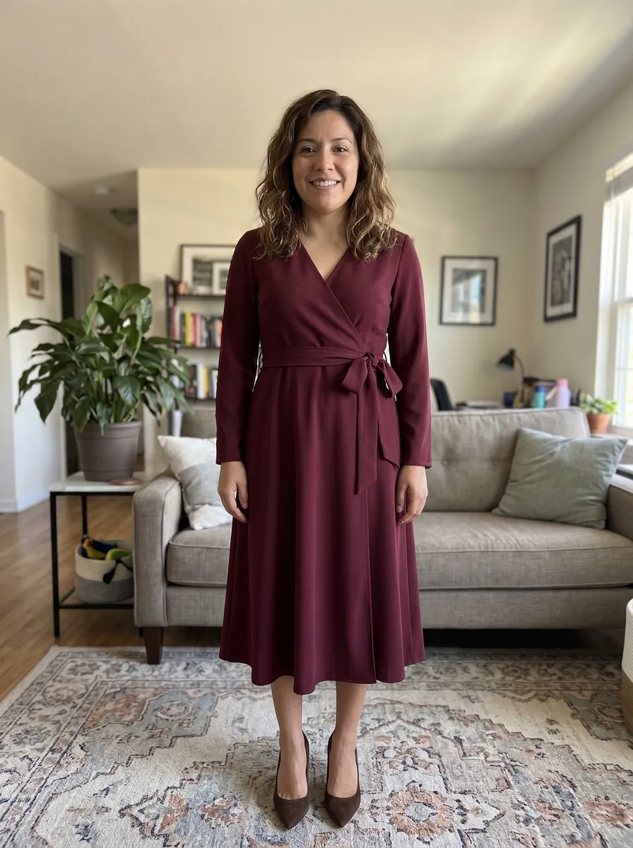 The same woman wearing a burgundy long-sleeve wrap midi dress with a tie waist