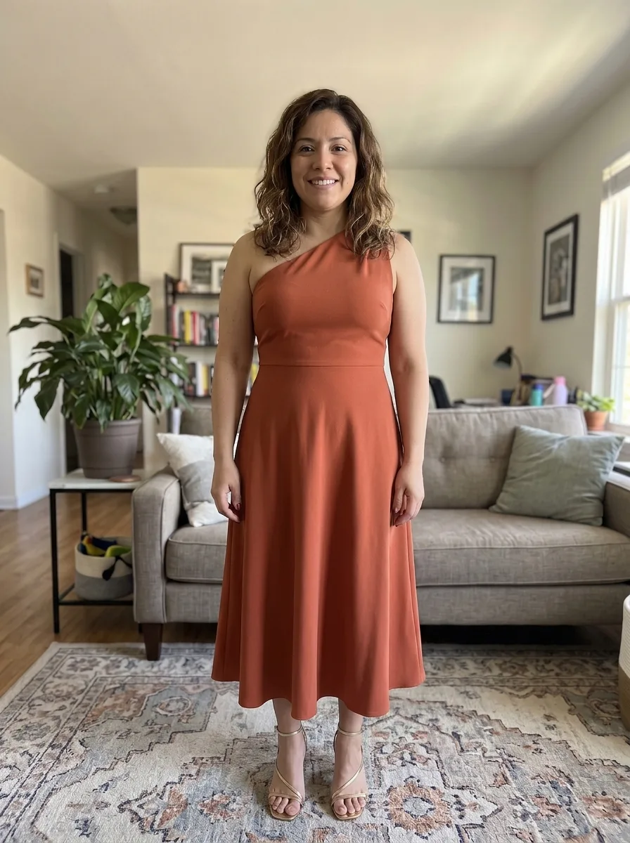 The same woman wearing a terracotta one-shoulder midi dress