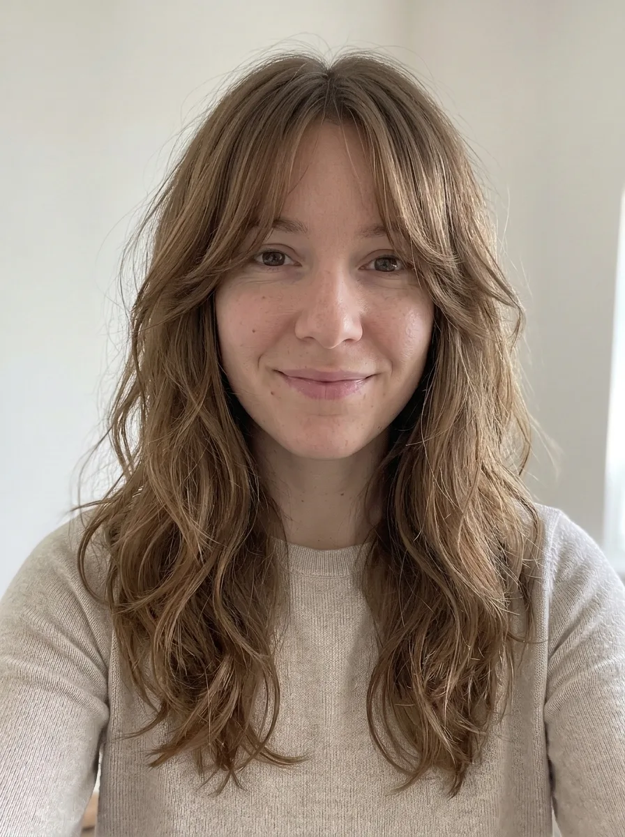 The same selfie, now with curtain bangs and long face-framing layers