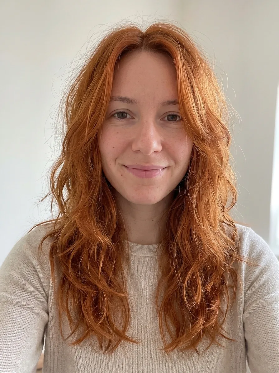 The same woman with long, layered copper-red hair