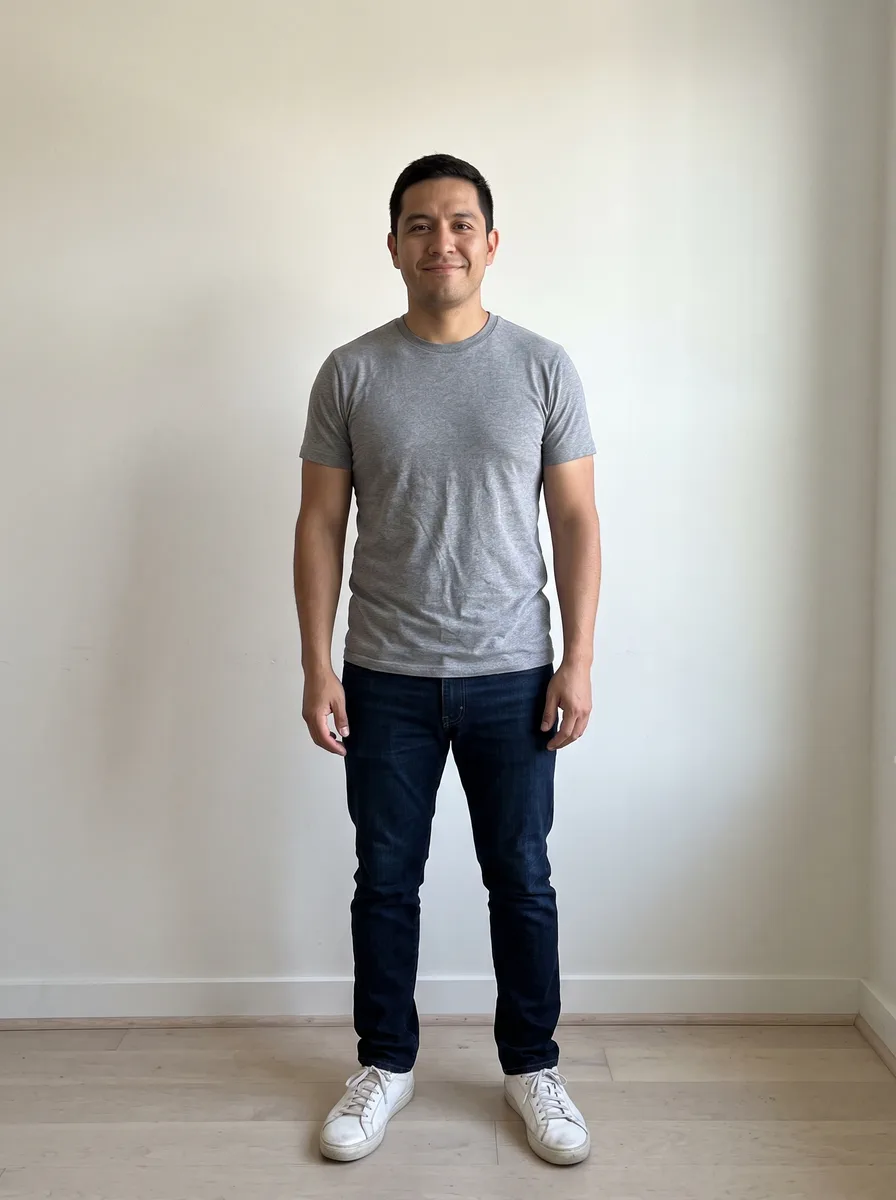 A man with short dark hair in a gray T-shirt, dark jeans and white sneakers, standing against a plain light wall