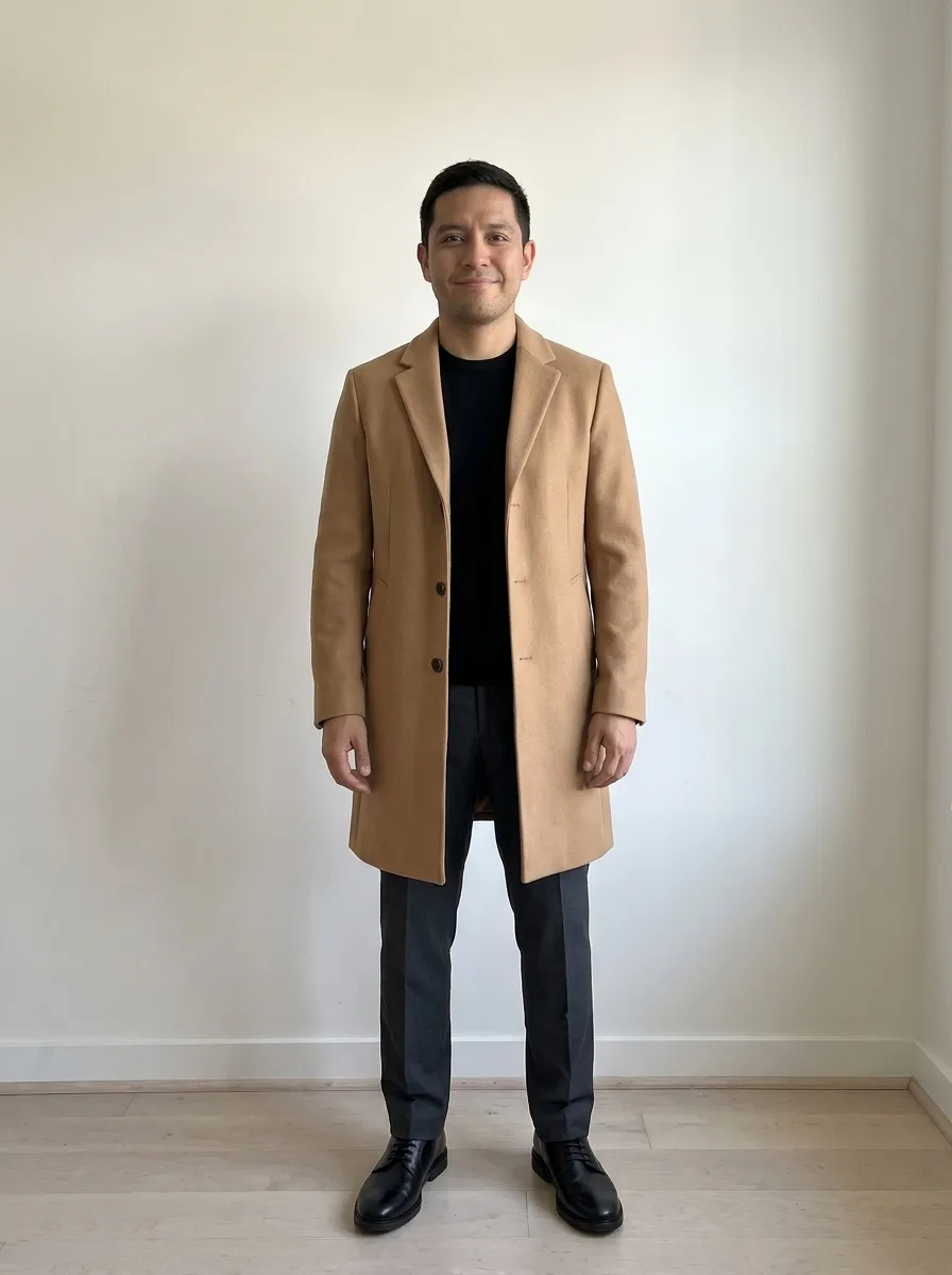 The same man from the first photo, now wearing the camel overcoat outfit