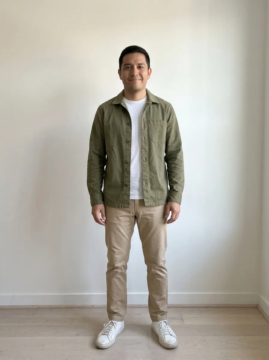 A man standing against a light wall in an olive green overshirt, white t-shirt and beige chinos
