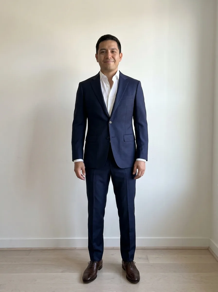 A man standing against a light wall in a navy suit, a white shirt open at the collar and brown shoes