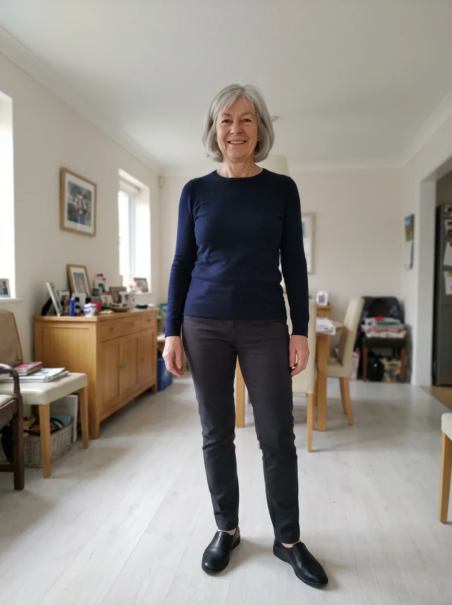 A woman with short silver hair in a navy long-sleeve top and dark trousers, standing in a bright dining room