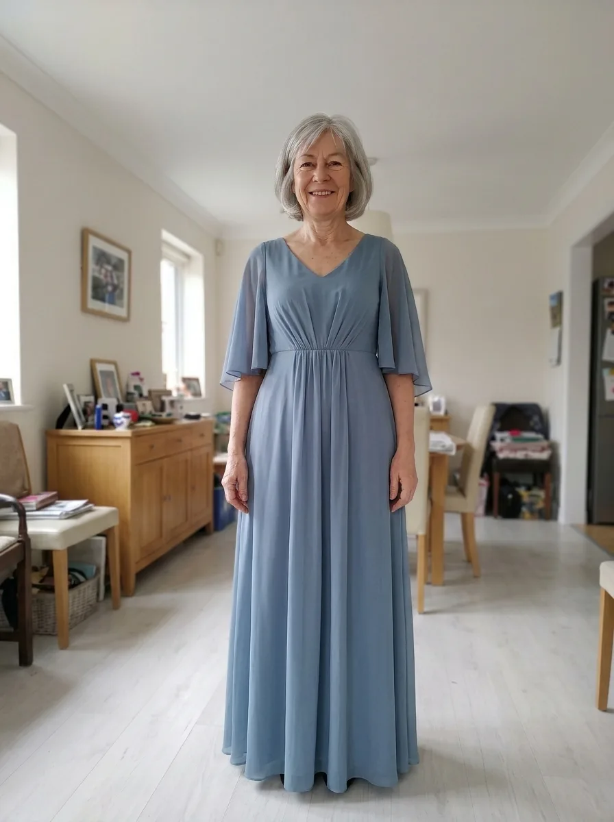 The same dining room photo, now wearing the dusty blue chiffon gown with cape sleeves