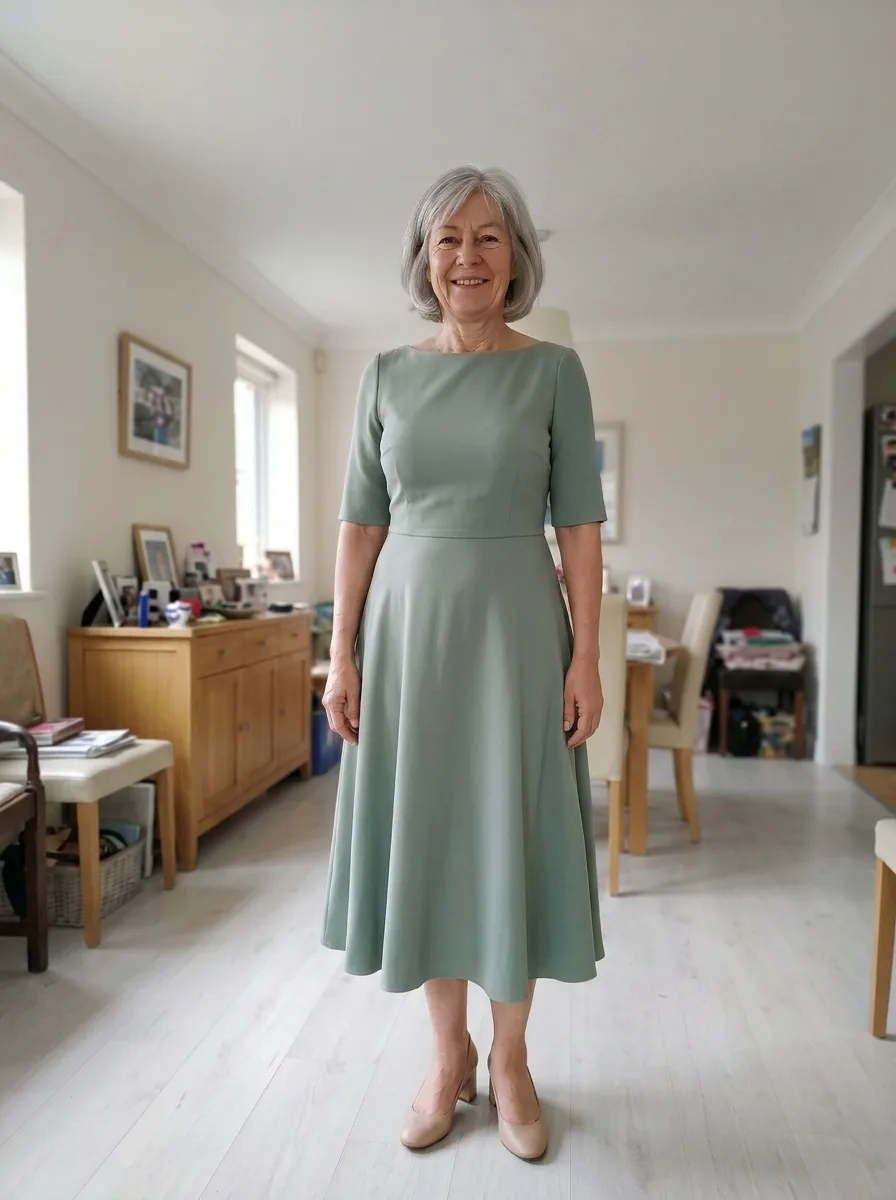 The same woman wearing a sage green crepe midi dress with elbow-length sleeves