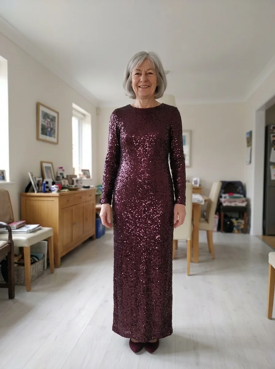 The same woman wearing a floor-length wine-colored sequin gown with long sleeves