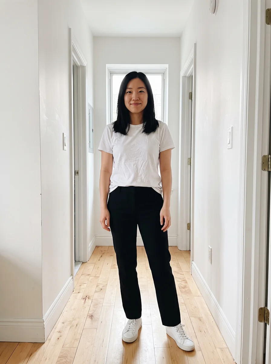 A woman with black shoulder-length hair in a white t-shirt, black trousers and white sneakers, standing in a bright hallway