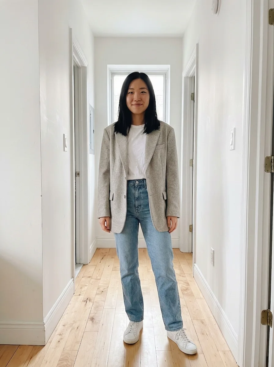 The same woman wearing an oversized light gray blazer over a white tank top and light jeans