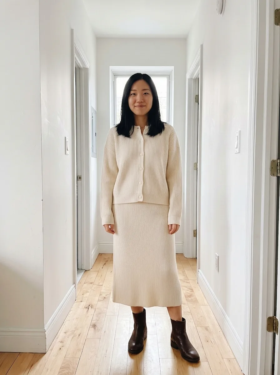 The same woman wearing a cream ribbed knit cardigan and a matching knit midi skirt