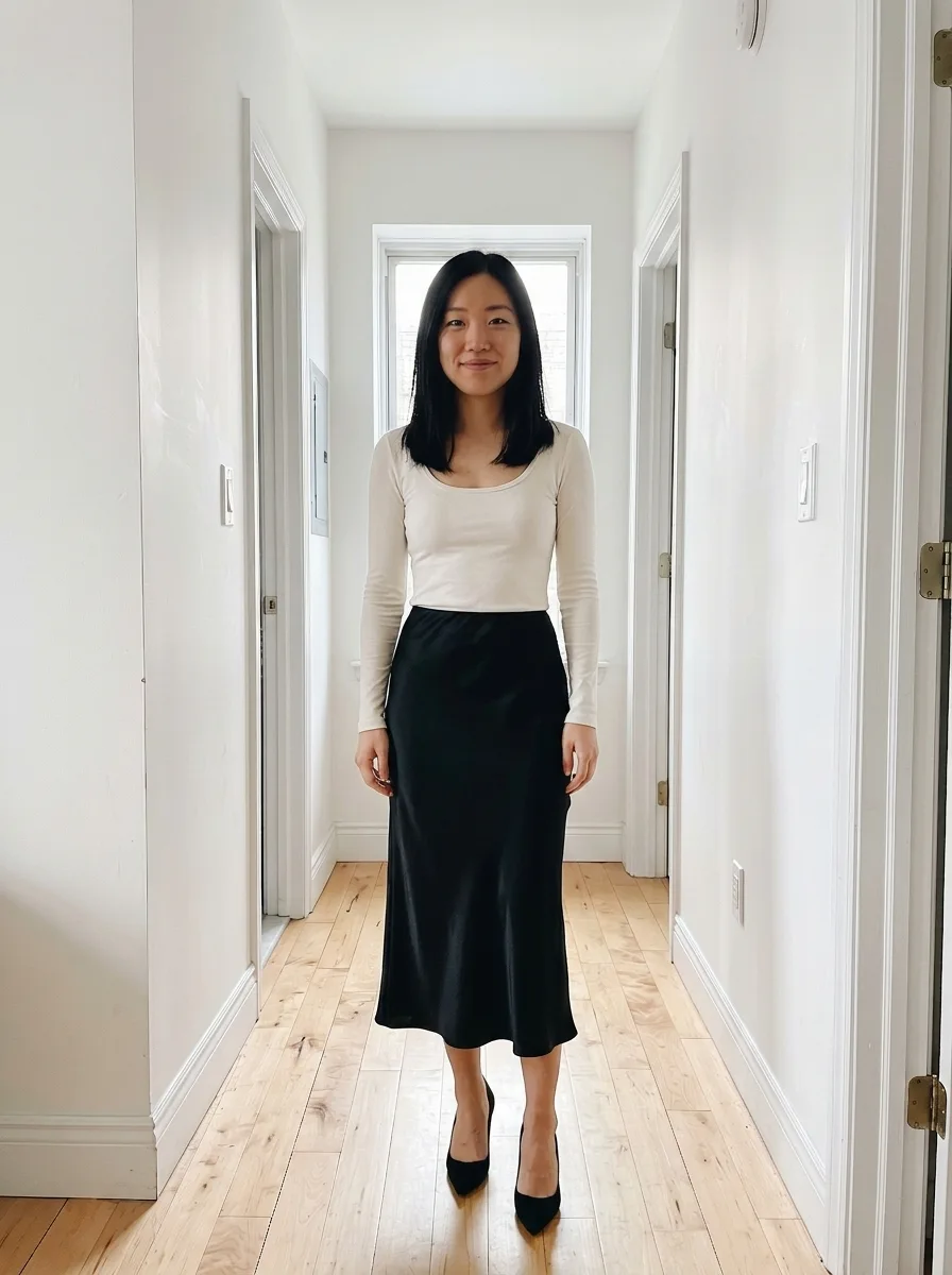 The same woman wearing an ivory long-sleeve top and a black satin midi skirt