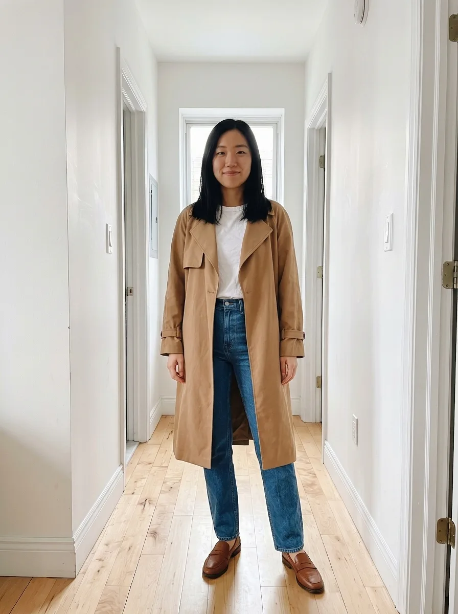 The same hallway photo, now wearing the camel trench coat, white t-shirt and jeans